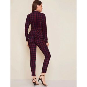 Mock neck tie front plaid top and pants set